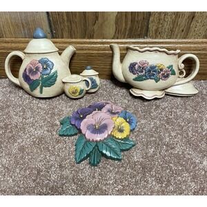 Vtg Burwood Home Interiors Teapot Cream Pansy Flower #3320 wall plaques 3pc set